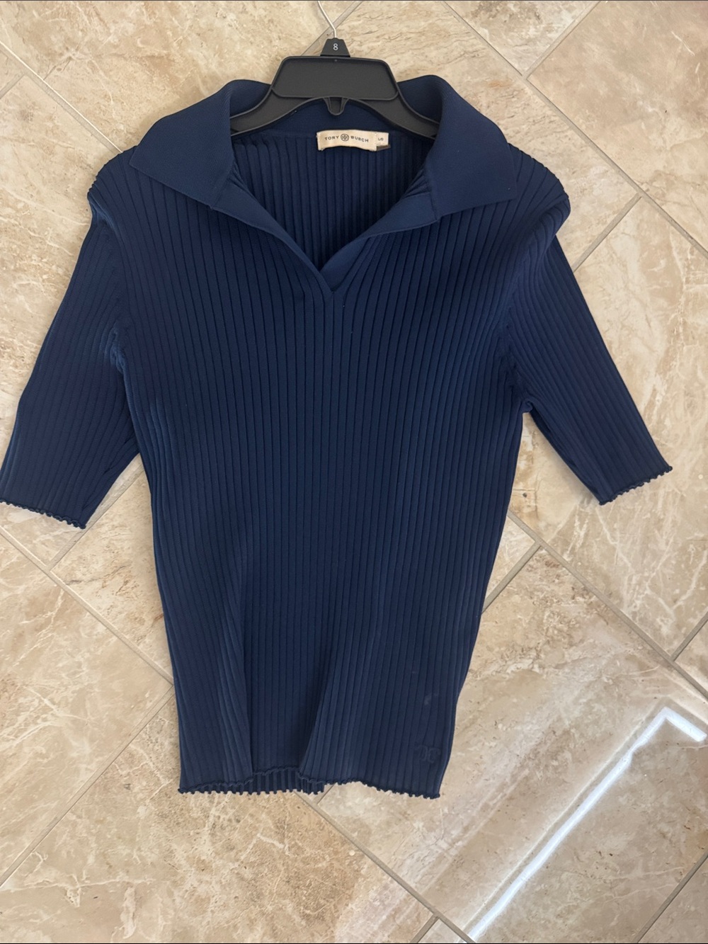 Tory Burch Navy Ribbed Polo-Style Short Sleeve Top